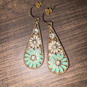 Vintage Floral Drop Earrings in Gold and Green